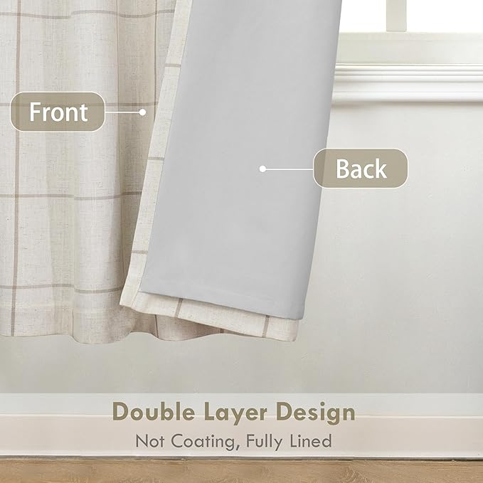 DriftAway 2 Panels 100% Blackout Windowpane Plaid Linen Curtains Double Layer Drapes for Bedroom 72 Inches Long Farmhouse Thermal Insulated 3.25 Inch Rod Pocket Back Tab for Living Room Taupe