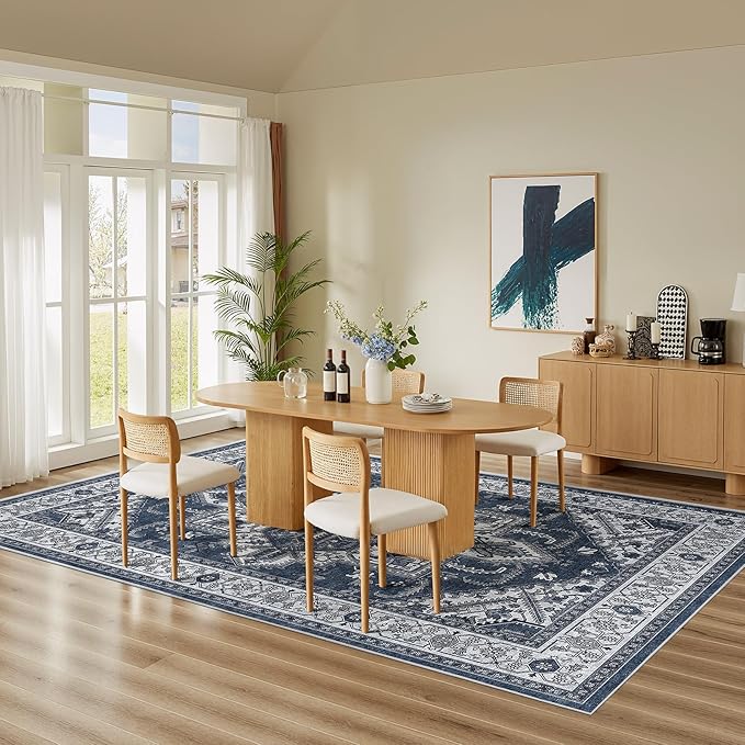 WITSHOCK Living Room Area Rugs 12x15: Washable Rug Boho Soft Non-Slip Low Pile Stain Resistant Foldable Carpet for Bedroom Playroom Dining Room Office Kitchen Farmhouse Home Decor Rug-Blue