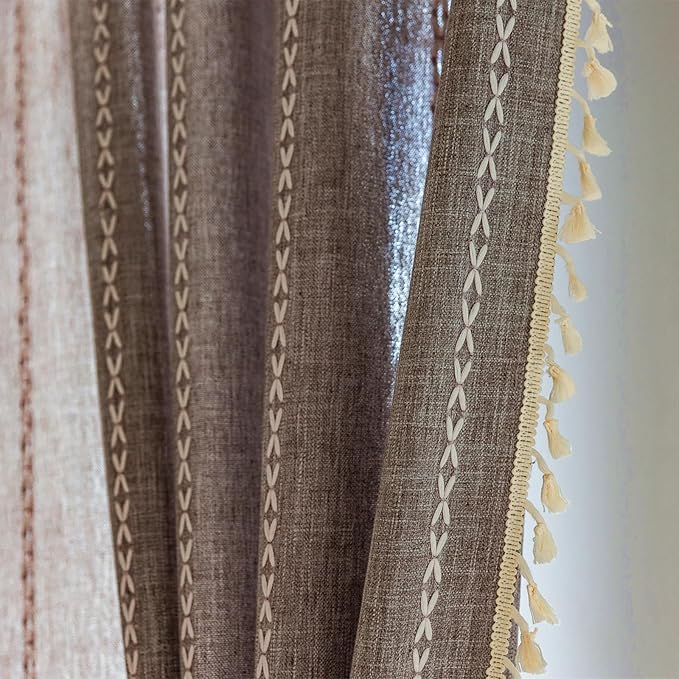 Deeprove Brown Boho Curtains 84 inches Long for Bedroom Living Room, Dark Coffee Bohemian 84 inches Length Embroidery Cottage Farmhouse Privacy Style Tassel Window Treatments, 1 Panel W52 x L84