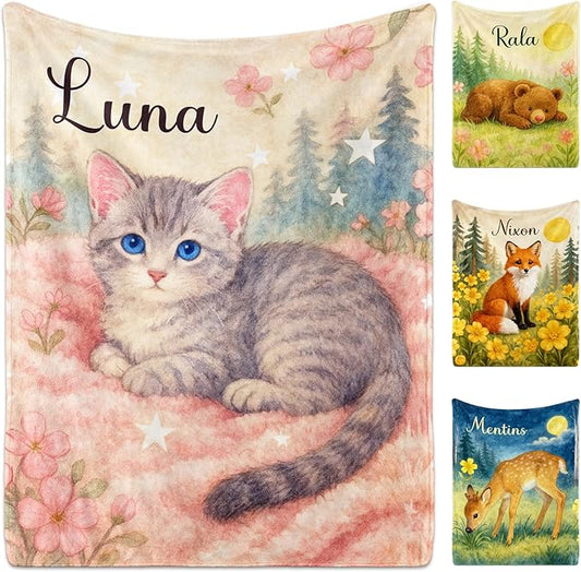 Ship Next Day Personalized Baby Blanket for Kids, Custom Baby Blanket with Name, Super Soft Flannel Blankets, Custom Cat Animal Blankets Baby Gifts for Christmas.