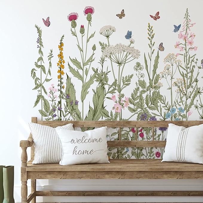 Zonon 6 Pcs Flowers Wall Decals Stickers Vinyl Removable Peel and Stick Colorful Dragonflies Floral Wall Murals Decor for Bedroom Living Room Nursery (Olive Green Flowers)
