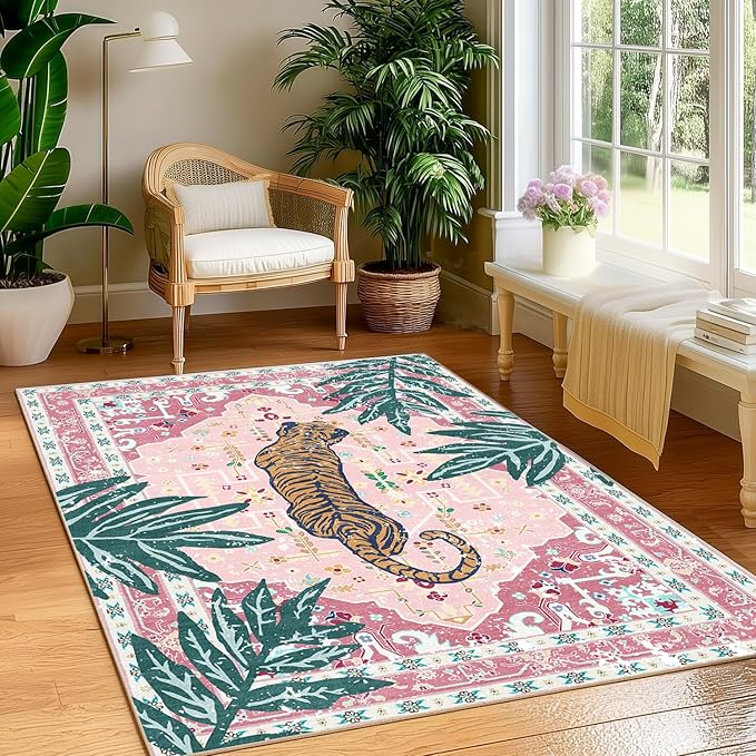 Area Rug Pink 4x6 Tiger Rug Washable Non-Slip Boho Vintage Tropical Animal Print Jungle Rug for Bedroom Girls Room Hallway Soft Cozy Whimsical Woodland Carpet for Play Room Laundry Room