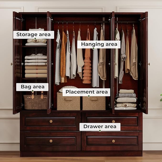 Solid Wood Armoire:4 Doors Wardrobe Closet with Mirror Drawers and Hanging Rod,Storage Cabinet Clothes Organizer for Bedroom Brown Black