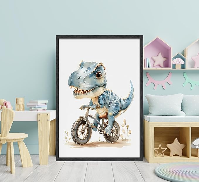 Funny Dinosaur Nursery Canvas Wall Art Surfing Skateboard Riding Dinosaur Painting Picture Wall Decor Sport Nursery dinosaur Print Artwork Poster Print Artwork for Boys Room Girls Room Home Decoration