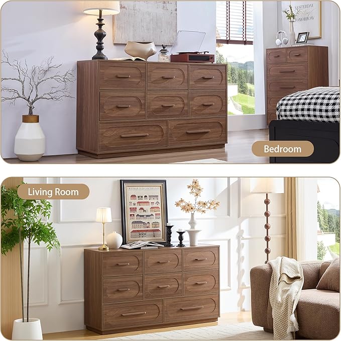 Walnut 8 Drawer Dresser for Bedroom, 54" Wide Dressers & Chests of Drawers w/Solid Wood Handle, Mid Century Dresser TV Stand w/Natural Texture for Bedroom, Living Room