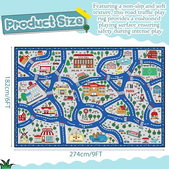 Tinideya Kids Carpet Playmat Rug Player Car Rug, 6 x 9 ft Traffic Map Mat Educational Game Area for Toddler Children Playroom Classroom Bedroom (City, Blue)