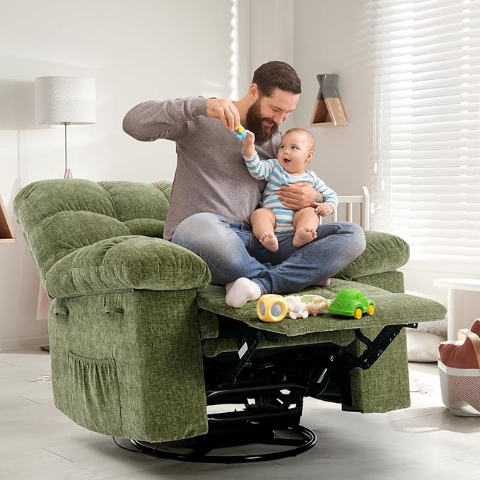 Swivel Recliner Chair, Upholstered Fabric Comfy Rocking Chair, Sturdy Q235 Steel Frame Nursery Glider, 300 LBS Capacity, for Small Spaces, Living Room, Bedroom, Green