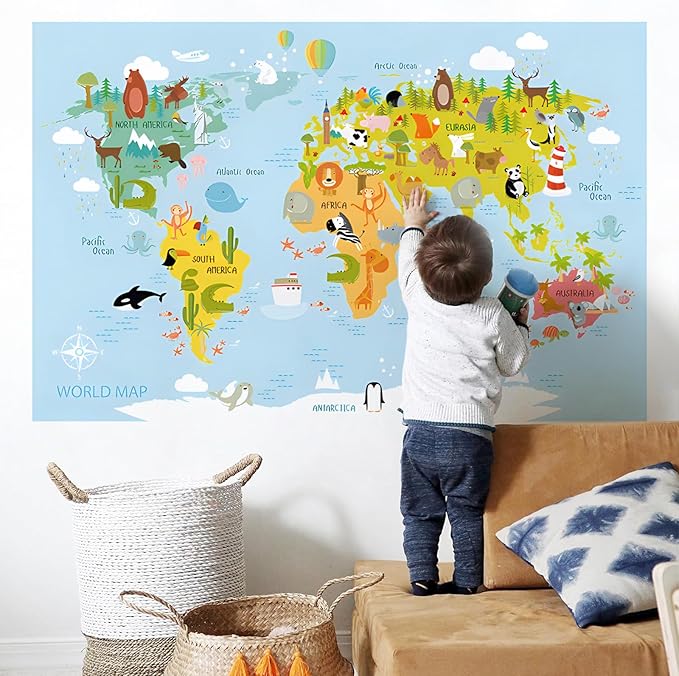 Animal World Map Wall Decals Kids Educational Learning Landmarks Wall Stickers Jungle Wild Animal Wall Art Decal Removable World Map Simple Cute Animal Wall Murals for Kids Calssroom Decor