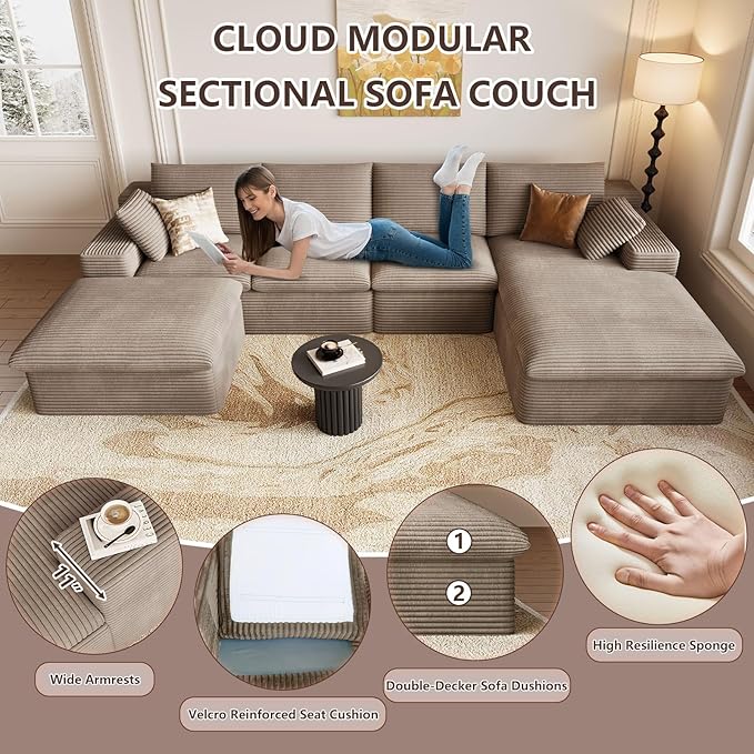 136" Cloud Modular Sectional Sofa with 1 Ottoman, Deep Seat Boneless Couch, Modern Upholstered Corduroy Couches, Comfort U Shaped Sofa for Living Room, No Assembly Required(Camel,Right Facing Chaise)