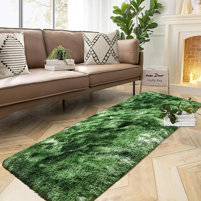 DweIke Fluffy Dark Green Runner Rugs for Bedroom, 2x6 Feet Soft Plush Long Moss Runners for Girls Boys Kids, Non-Slip and Machine Washable Bedside Rug, Small Throw Carpet for Hallway Rooms Decor