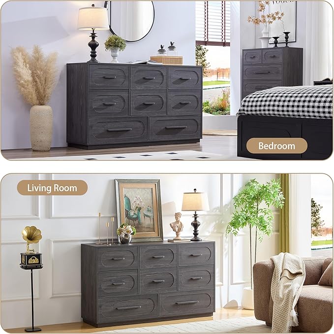 Grey 8 Drawers Dresser for Bedroom, 54" Wide Dressers & Chests of Drawers w/Solid Wood Handle, Mid Century Dresser TV Stand w/Natural Texture for Bedroom, Living Room