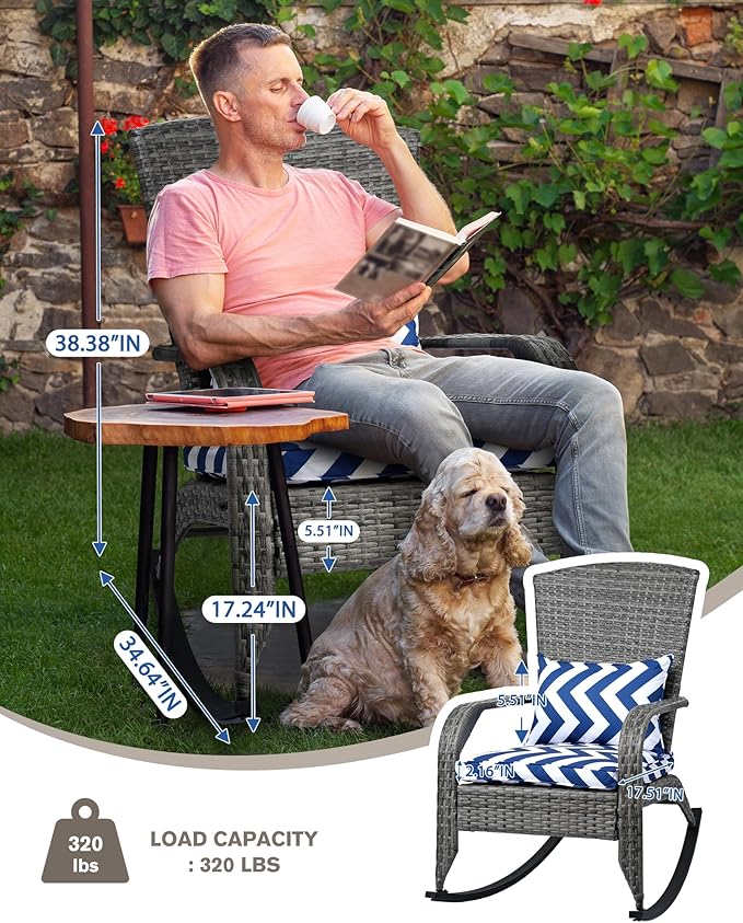 Outdoor Rocking Chair- Outdoor Glider Rattan Rocker Chair with Heavy Duty Steel Frame- All Weather Rocker Chair for Garden, Porch, Backyard, Poolside (Grey Rattan, 320lbs)