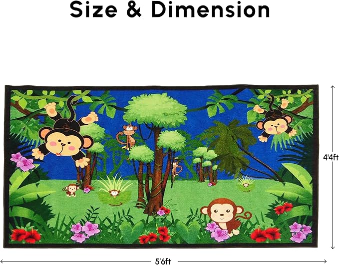 SAFECASTLE Kids Carpet Monkey Jungle Rug – Monkeying Around 4’4” x 5’6” – Educational Play Rug with Monkeys, Flowers & Trees – Fun Area Rug for Playrooms & Classrooms – Durable Nylon Seating Carpet