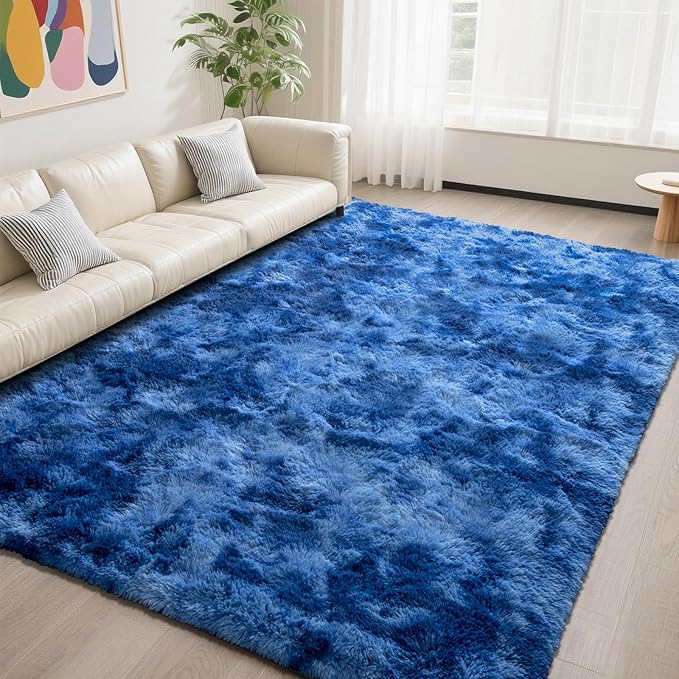 DweIke Fluffy Navy Blue Shag Rugs for Bedroom Living Room, 8x10 Large Soft Plush Tie-Dyed Dark Blue Girls Boys Kids Rug, Non-Slip and Machine Washable Carpet for Dorm Nursery Classroom Decor
