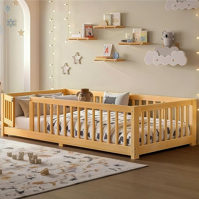 Bellemave Montessori Twin Floor Bed Frame with Fence and Removable Door, Low Profile Twin Size Montessori Bed Frame for Kids, Solid Wooden Floor Beds for Bedroom,Nursery, Natural