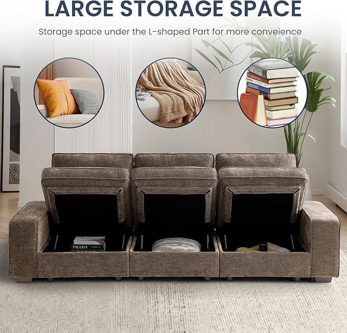 TEKAMON 128" Modular Sofa Couch with Seat Storage, Chenille Sofa，Modern Comfy 4-Seater Couch for Living Room, Office, Apart W/Deep Seat, Wide Armrest, USB, Pockets, Removable Covers (Brown)