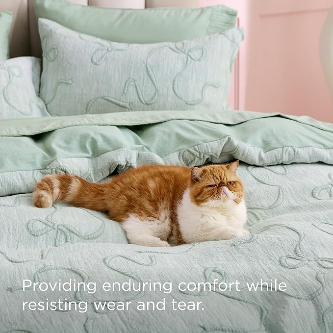 Bedsure Green Duvet Cover Queen Size with Bowknot Jacquard Design, Soft and Elegant Boho Bedding Set, Luxurious Craftsmanship for a Stylish Bedroom,Includes 1 90"x90" Duvet Cover & 2 Pillow Shams