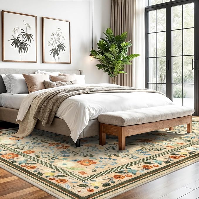 Rugs for Living Room 8x10, Machine Washable Non-Slip Thin Area Rugs, Boho Vintage Floral Soft Bedroom Carpet Rug for Home Indoor Dining Room, Beige/Multi