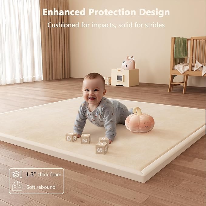 Baby Play Mat for Floor, 1.3'' Thick Memory Foam Tummy Time Mat - Super Soft Coral Velvet Nursery Rug with Non-Slip Backing, Crawling Rug for Toddlers/Infants, Yoga & Tatami Use, 50''x 50''