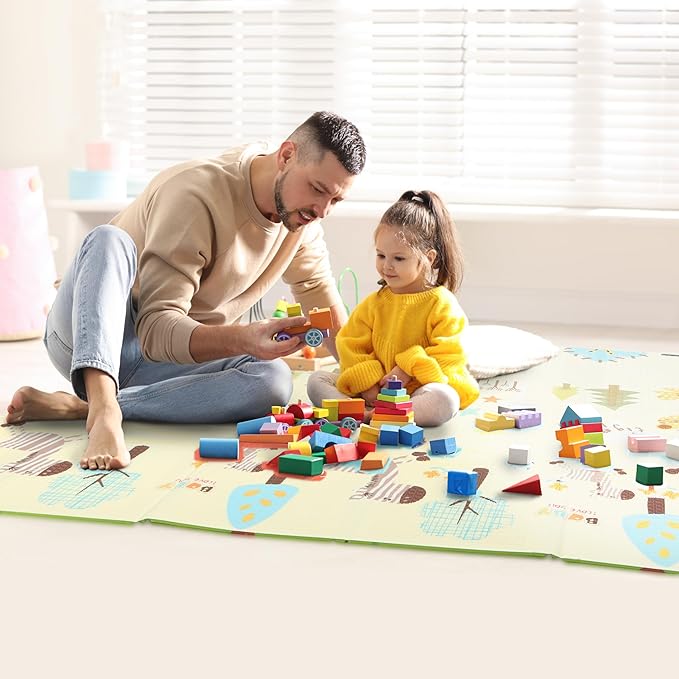 Bammax X-Large 78" x 70" x 0.4" XPE Foam Padded Baby Play Mat + Travel Bag | Waterproof, Reversible & Foldable Design | Baby Crawling Mat & Kids Play Mat – Giraffe & Mixed Animals