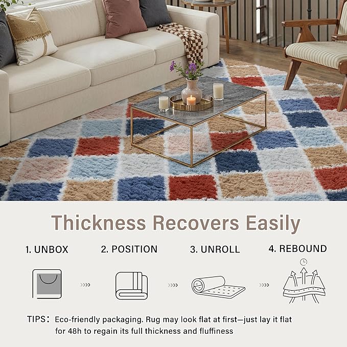5x8 Checkered Rug for Bedroom Rainbow Modern Soft Area Rug Fluffy Non-Slip Carpet for Living Room Playroom Home Aesthetic Decor
