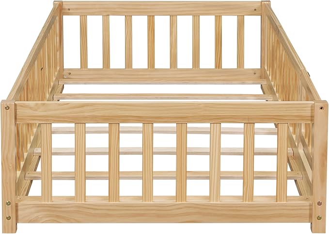 Twin Size Montessori Floor Bed Frame with Door,Wood Montessori Bed w/Guardrails & Wood Slats for Girls & Boys,Natural