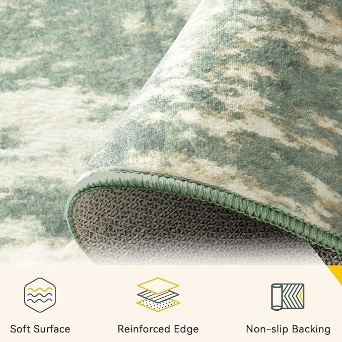 Washable Area Rugs 2'x8' Non-Slip Modern Abstract Soft for Living Room Entryway Bedroom Nursery, Print Pattern, Light Green/Yellow