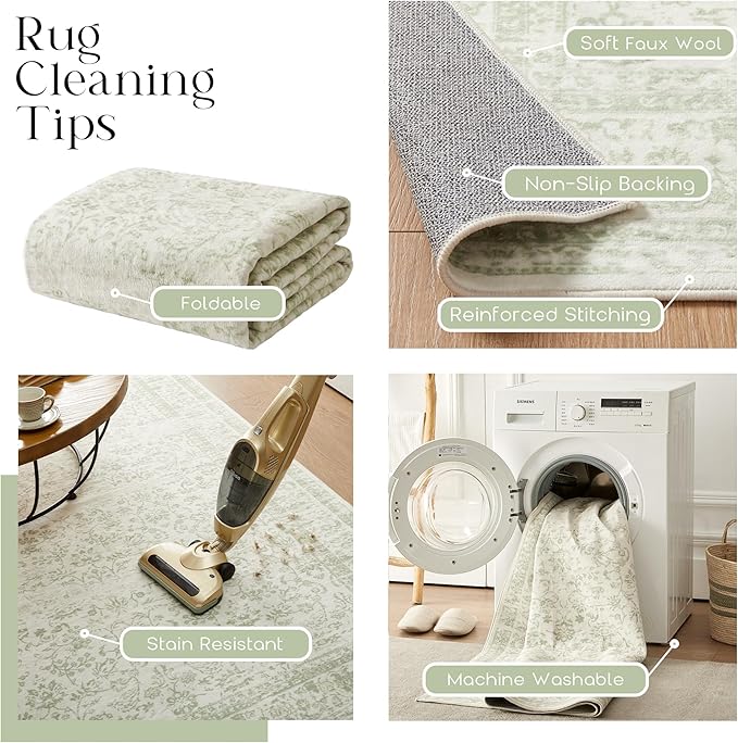Sage Green Rug Washable Area Rugs Vintage Rug Indoor Floor Cover Floral Print Sage Green Circle 7ft Round