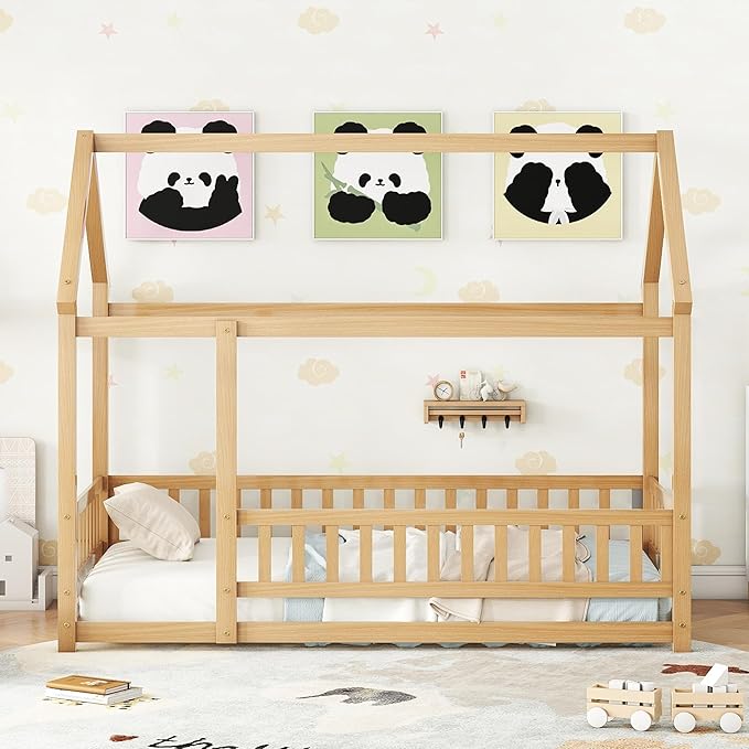 Bellemave Twin Size House Floor Bed Frame,Wooden Montessori Floor Bed with Fence for Kids,Twin Size Kids Bed,Natural