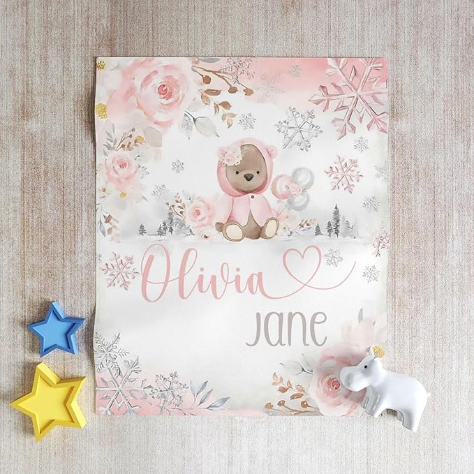 Personalized Baby's First Christmas Blanket, Custom Floral Teddy Bear Baby Name Christmas Blanket, Soft Fleece Or Sherpa Throw, Baby Shower, Made in USA
