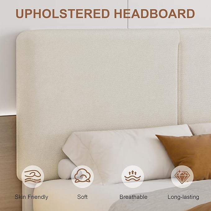 VECELO Full Bed Frame Upholstered Platform Beds with Height-Adjustable Cotton and Linen Headboard, Heavy Duty Wood Slats, 6" Under-Bed Space, Noise-Free, No Box Spring Needed, Easy Assembly