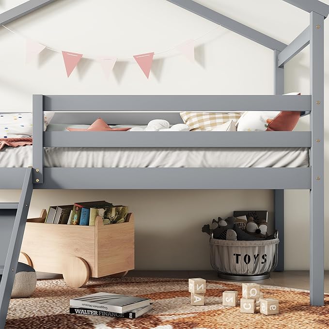 Twin Size Low Loft Bed with Slide and Ladder for Kids Boys Girls, Solid Wood House Roof Loft Bed Frame with Safety Guardrails, Sturdy Slat Support (Grey-50)
