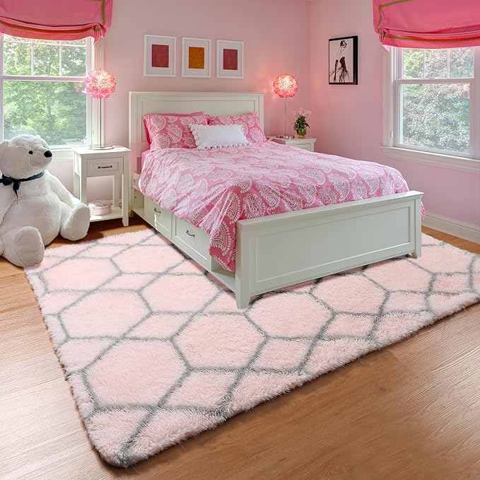 ONASAR 6x9 Area Rugs for Living Room Bedroom, Washable Large Fluffy Pink and Grey Throw Rug, Geometric Soft Plush Shaggy Fuzzy Floor Carpet for Nursery Kids Girls Boys Teen Dorm Home Office Decor