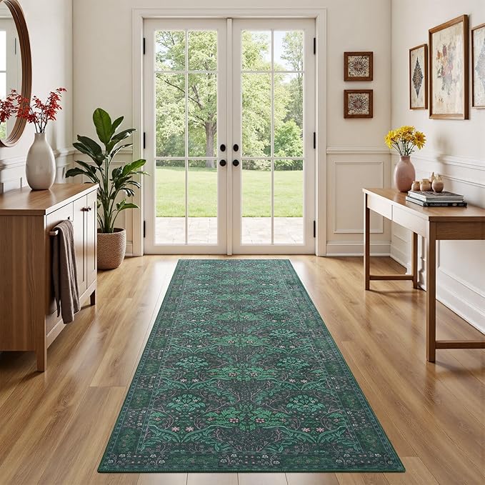 Dark Green 2x6 Washable Kitchen RunnerRug，Rubber Backed Runner Rugs，Vintage Soft Low Pile Long Carpet for Kids Room Non-Slip Stain Resistant Runner for Bathroom Hall Kitchen Office Stair