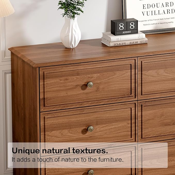 9 Drawer Dresser,63" Wide Mid Century Chest of Drawers,Wooden Bedroom Drawer Dresser with 9 Storage Drawers for Bedroom,Living Room,with Anti-Tipping Device,Umber.