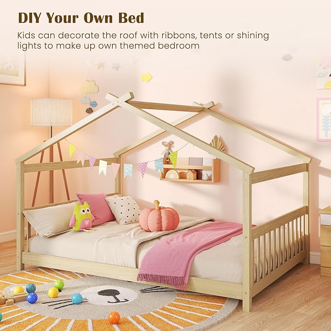 Giantex Full Size Floor Bed, Solid Wood Montessori House Bed with Roof, Headboard and Footboard, Low Full Bed Frame for Kids Teens Girls Boys, No Box Spring Needed, Natrual