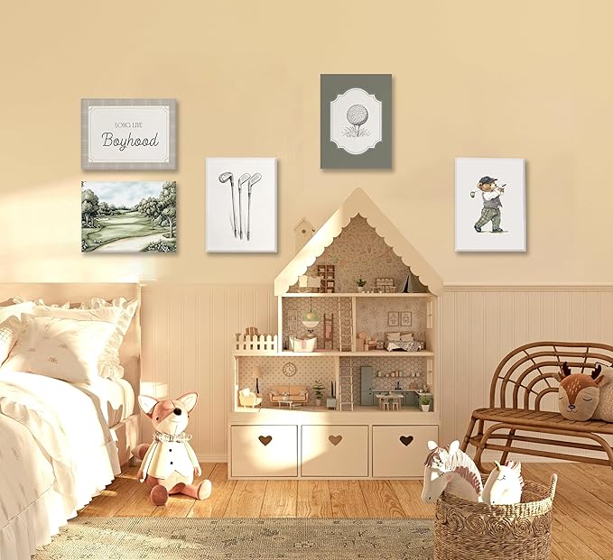 Vintage Nursery Wall Art Kids Room Canvas Wall Decor Animal Pictures Cute Duck and Woodland Bear Posters Neutral Floral and Sailboat Painting Print Artwork for Baby Boy Girl Room Playroom, Framed