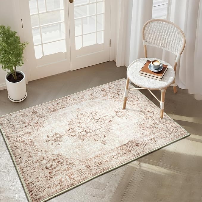 Area Rug 2x3, Washable Rug for Entryway Indoor, Small Area Rug for Living Room Entrance, Vintage Rug for Bedroom Doormat, Non Slip Soft Low Pile Carpet for Kitchen, Hallway, Office, Beige