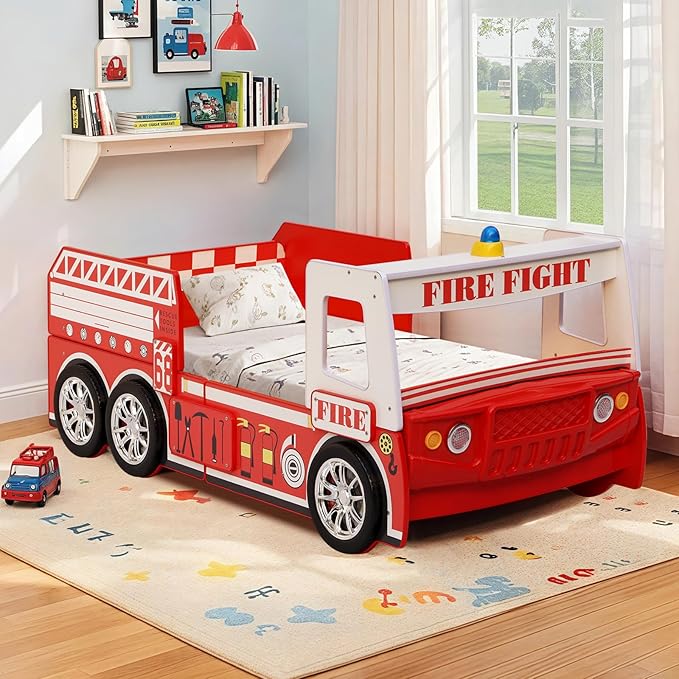 HMFULE Twin Bed Frames for Kids, Wood Fire Truck-Shaped Bed Frame Platform with Wheels LED Lights & Slat Support for Toddler, Teens, Boys or Girls, No Box Spring Needed (Red)
