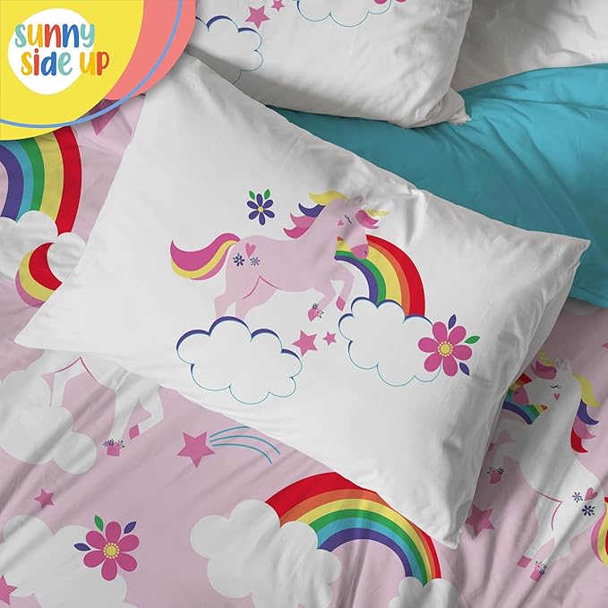 Sunny Side Up Rainbow Unicorns Toddler Comforter Set - 4 Piece Preschool Bedding Includes Comforter, Sheets & Pillow Cover - Super Soft Pink Floral Microfiber Bed Set
