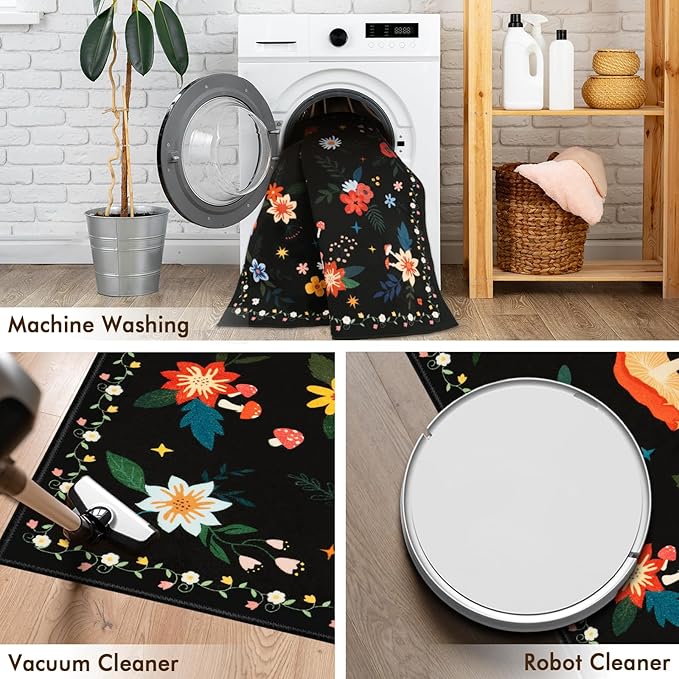 5x7 Machine Washable Area Rug, Non-Slip Vintage Floral Floor Rugs for Kids, Low Pile Room Carpet for Living Room, Bedroom, Dining Room & Nursery(5x7 Black Mushroom)