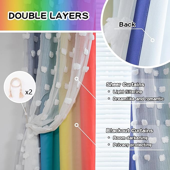 MYSKY HOME 95 Inch Long Rainbow Curtains for Girls Bedroom & Living Room - Double Layer Ombre, White Pom Pom, Blackout Sheer, Room Darkening Grommet Window Panels (2 Pieces, 52 x 95 in)