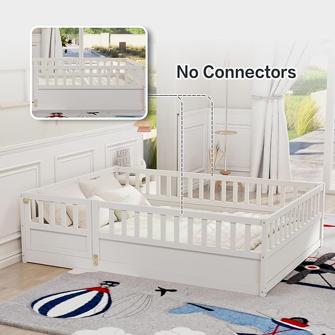 GDFStudio Full Size Floor Bed Frame with Opening Door & Guardrails, Montessori Toddler Full Bed Frame for Boys Girls, Wooden Low to Floor Bed Rails for Toddlers, Support Slat, White