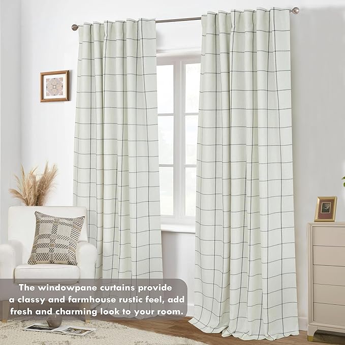 DriftAway 2 Panels 100% Blackout Windowpane Plaid Linen Curtains Double Layer Drapes for Bedroom 96 Inches Long Farmhouse Thermal Insulated 3.25 Inch Rod Pocket Back Tab for Living Room Black