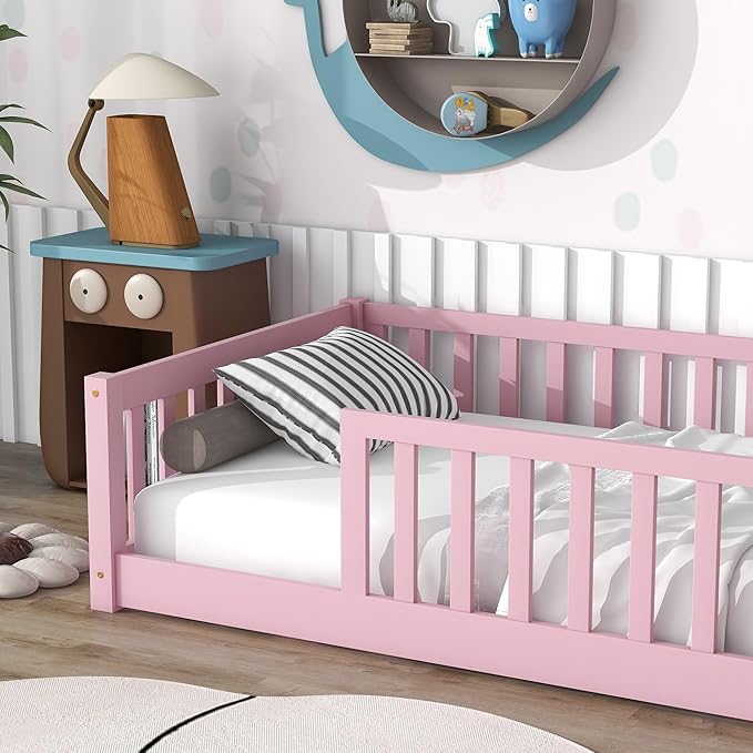 Twin Size Kids Montessori Floor Bed,Twin Floor Bed Frame with Slats,Solid Wood Twin Bed Frame for Girls Boys,Pink