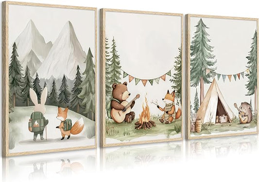 Woodland Animal Nursery Canvas Wall Art Fox Bear Rabbit Hedgehog Paintings Pictures Safari Nursery Wall Decor Forest Animals Camping Campfire Poster Print Artwork for Boys Kids Room Home Decoration