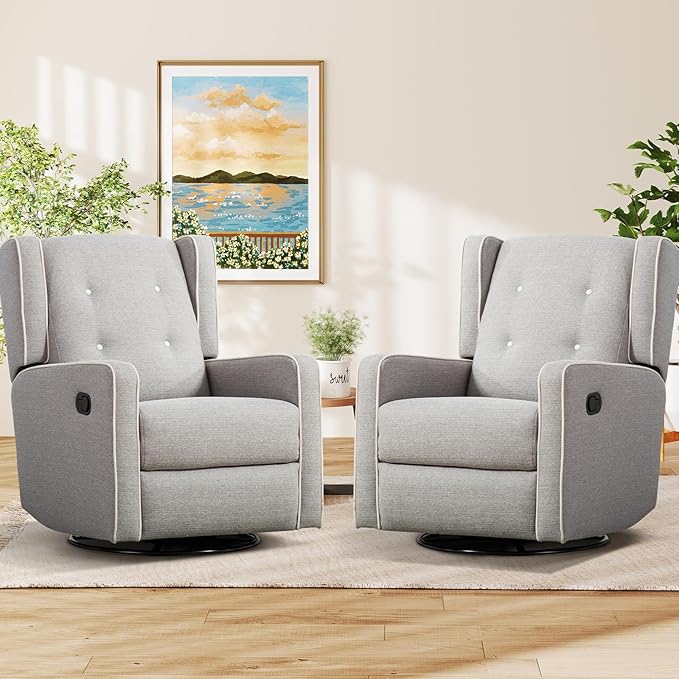 CANMOV Swivel Rocker Recliner Chair Set of 2, Nursery Glider Chair, Nursery Rocking Chairs, Manual Reclining Chair, Grey