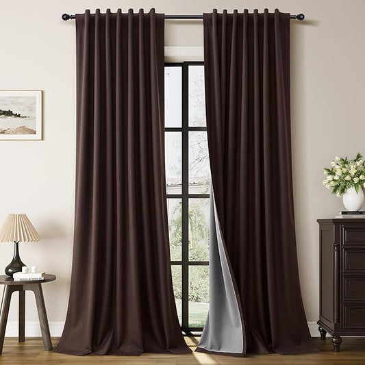 Guken Coffee Linen 100% Blackout Curtains for Living Room 84 Inch Length 2 Panels Set Textured Elegant Black Out Thermal Insulated Soundproof Back Tab Hook Belt Bedroom Cafe Backdrop Drapes 52x84 7Ft