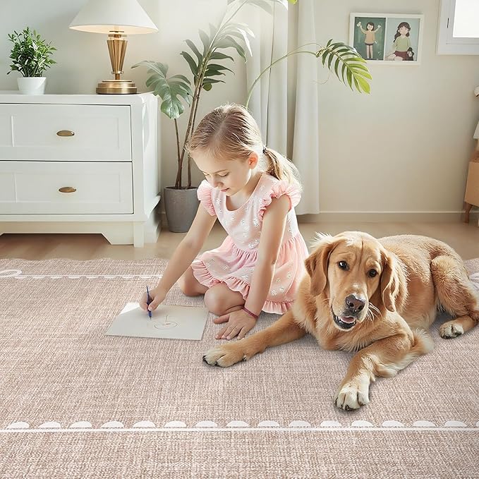 GarveeHome Scalloped Bow Rug for Living Room, Solid Camel Rug for Dorm, Washable Rugs 5x7 Soft Low Pile Non Slip Scalloped Rugs for Nursery College Bedroom Decor Kids Room Playroom