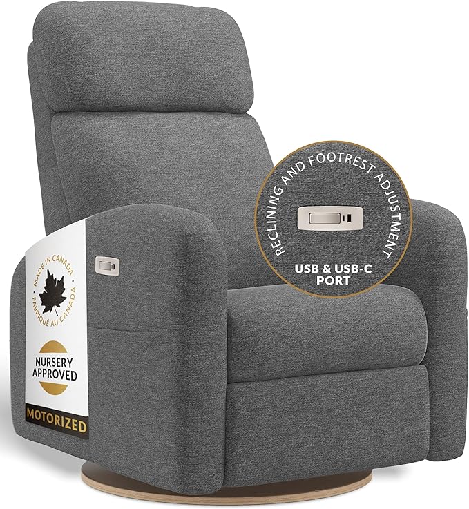 Jaymar Hailey Modern Nursery Glider Recliner Chair (Motorized) – Cozy Nursing Chair with 180° Swivel for New Parents, High Back & Low Armrests, Adjustable headrest, Canadian Made (Nexus Charcoal)